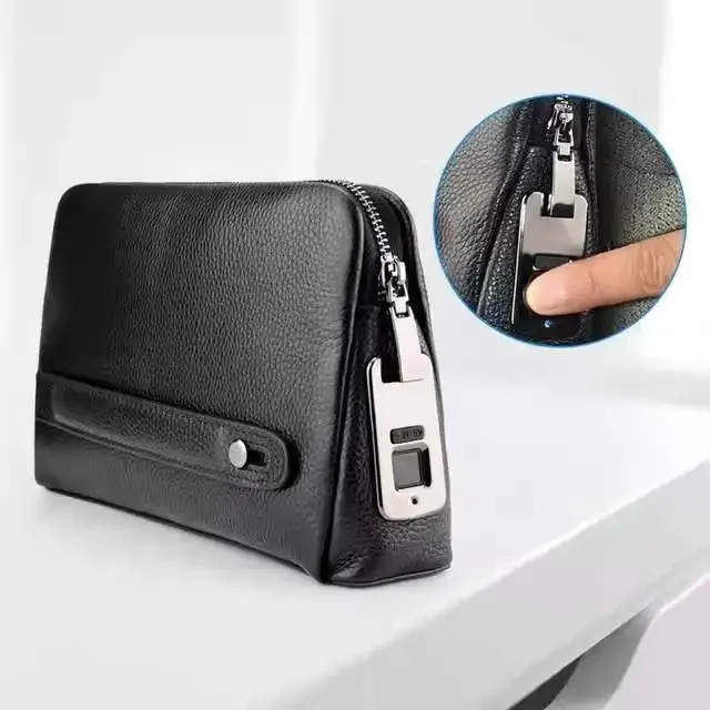 Fashion Business Men Fingerprint Lock Handbag Genuine Leather Wallet Zipper Wallet with Gift Box