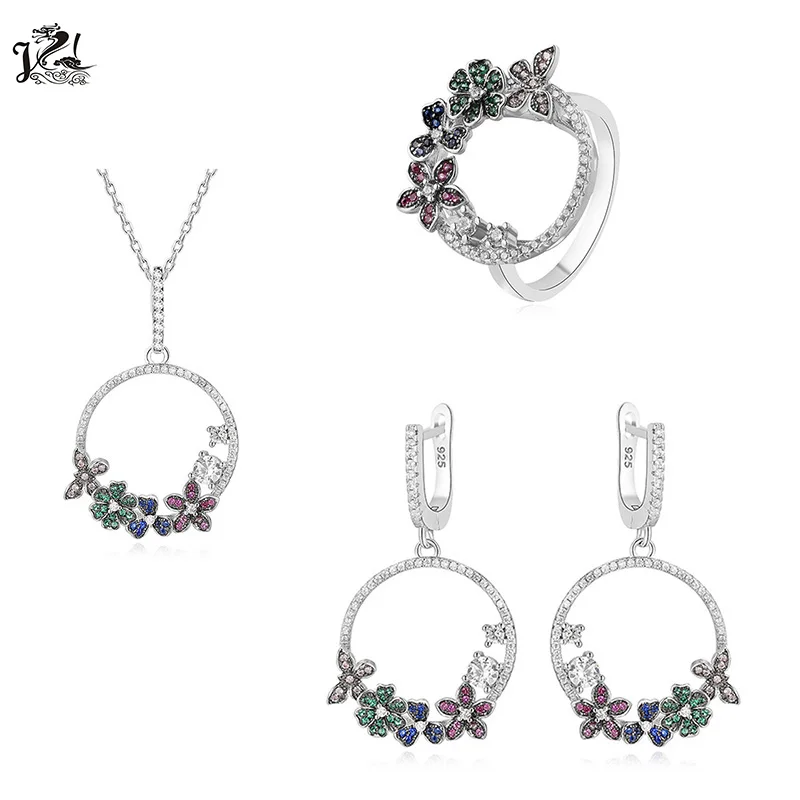 Fashion Colorful Flowers 925 Sterling Silver Jewelry bridal CZ  jewelry sets for Women