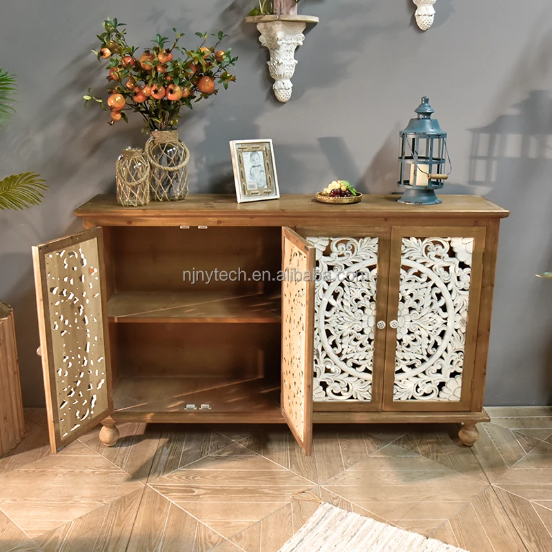 Solid Wood Cabinet Natural Pastoral Farmhouse Storage Sideboards Rustic Carved Decor Home Furniture Living Room Side Cabinets