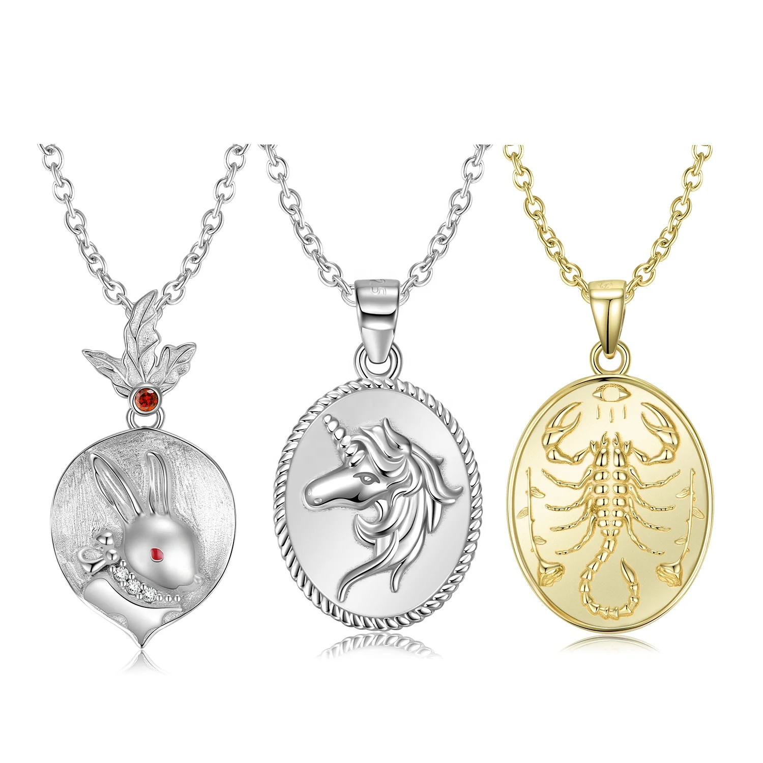 Horse and Scorpion pattern Pendant Necklace Real 925 Sterling Silver Animal Rabbit Necklace for Women Round shape Fine Jewelry