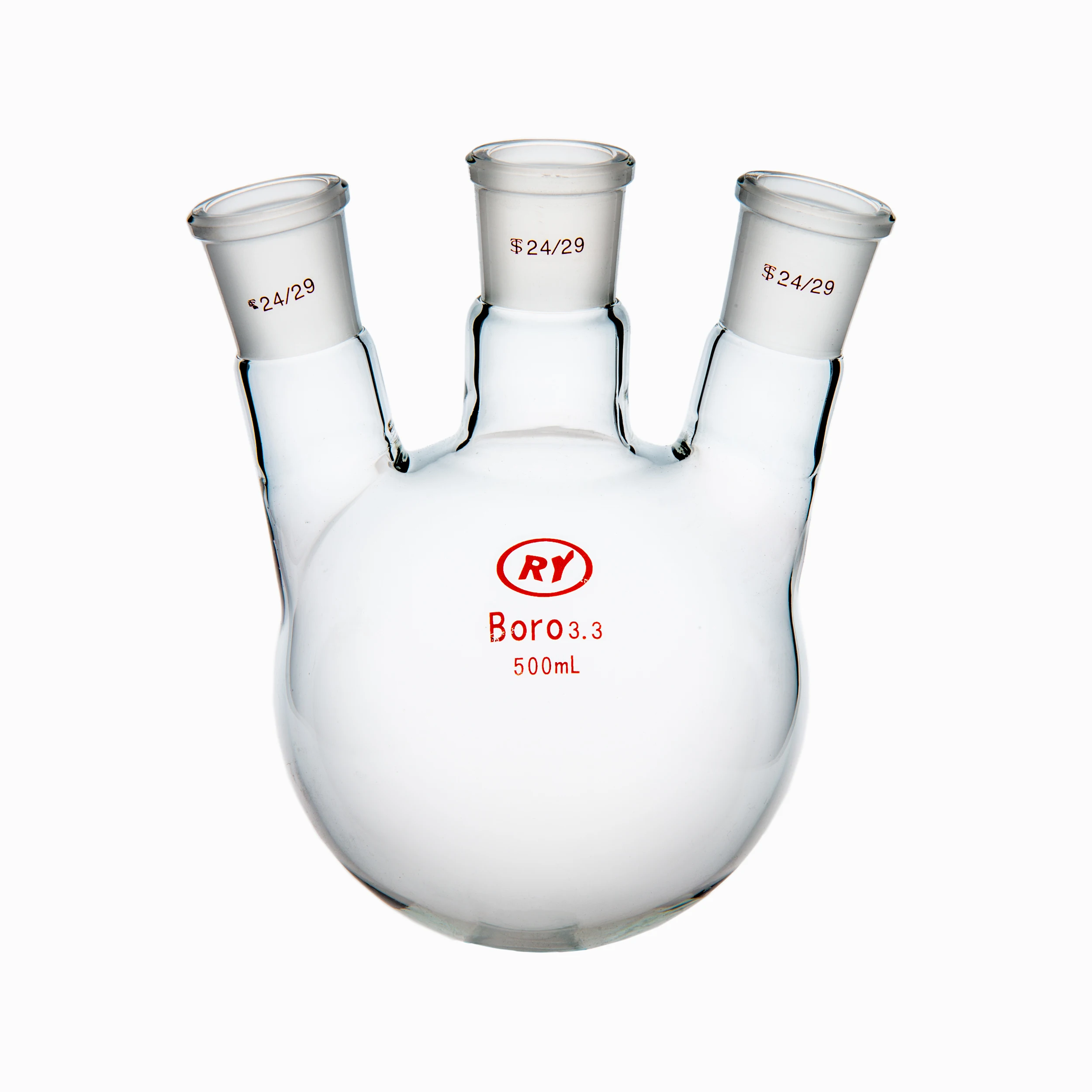 Круглая нижняя толстая стеклянная колба с 3 горлышками