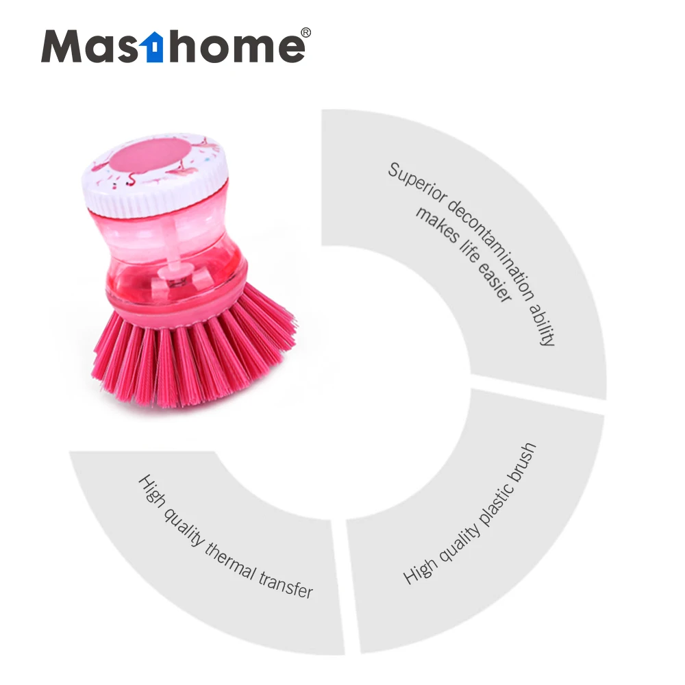 Masthome Factory Price Flamingo Printing Series Dish Brush Kitchen Pot Cleaning Palm Brush with Soap Dispensing