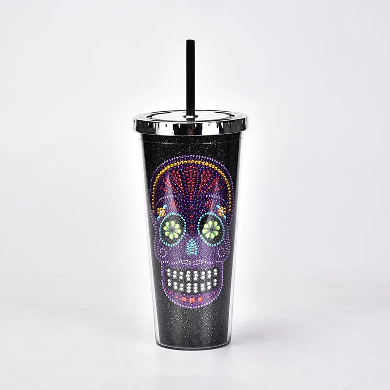 Wideal Amazon 16oz Plastic Tumbler Cups with Lid and Straw Mug Reusable Tumbler Clear Acrylic Halloween skulls  Skinny Tumbler