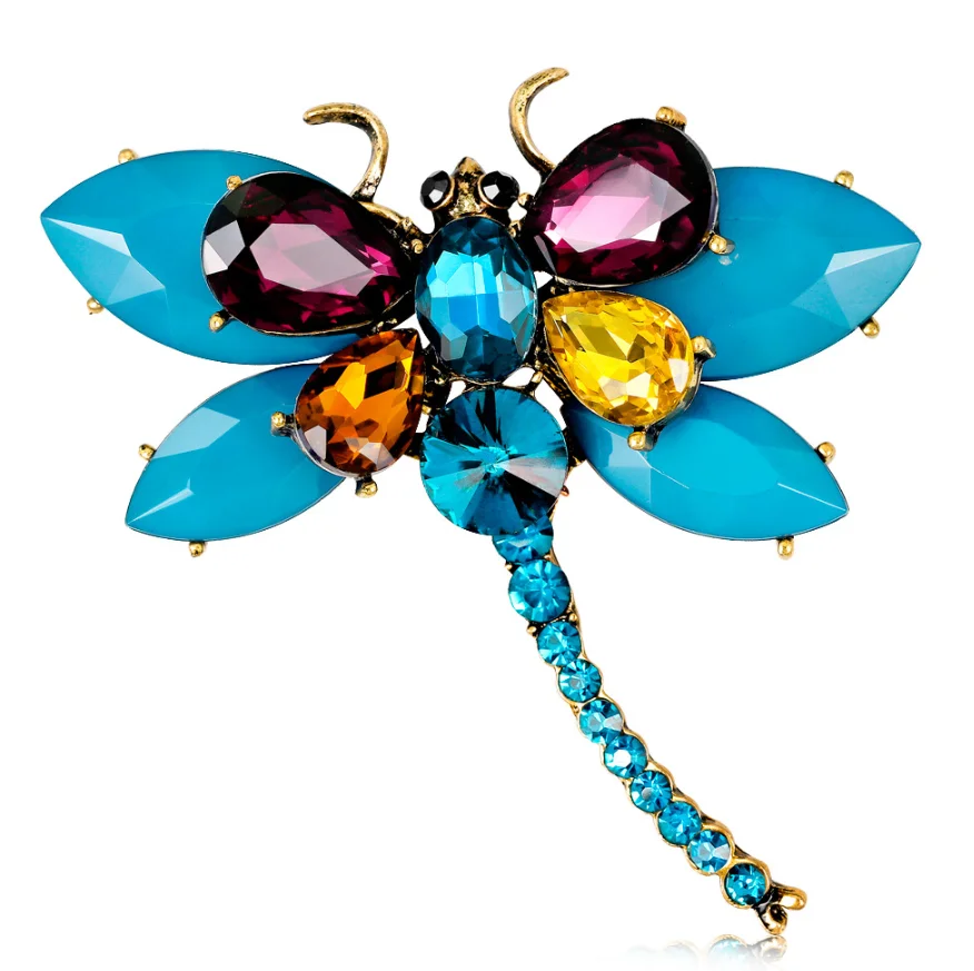 
Amazon Hot selling fashion tempered alloy rhinestone glass crystal awesome colored gemstone insect dragonfly brooch for women 