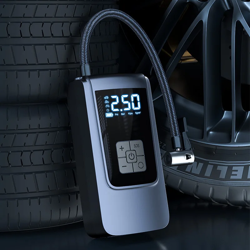 Portable Air Compressor Car Rechargeable Tire Inflator Pump LED Flash Screen With Nozzle Set for Motor Bike Ball