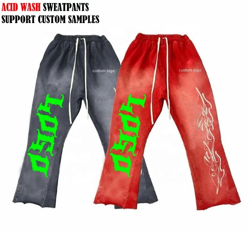 New Custom Logo Embroidery Flare Sweatpants High Quality 100% Cotton Track Sweat Pants Vintage  Acid Wash Flare Sweatpants Men