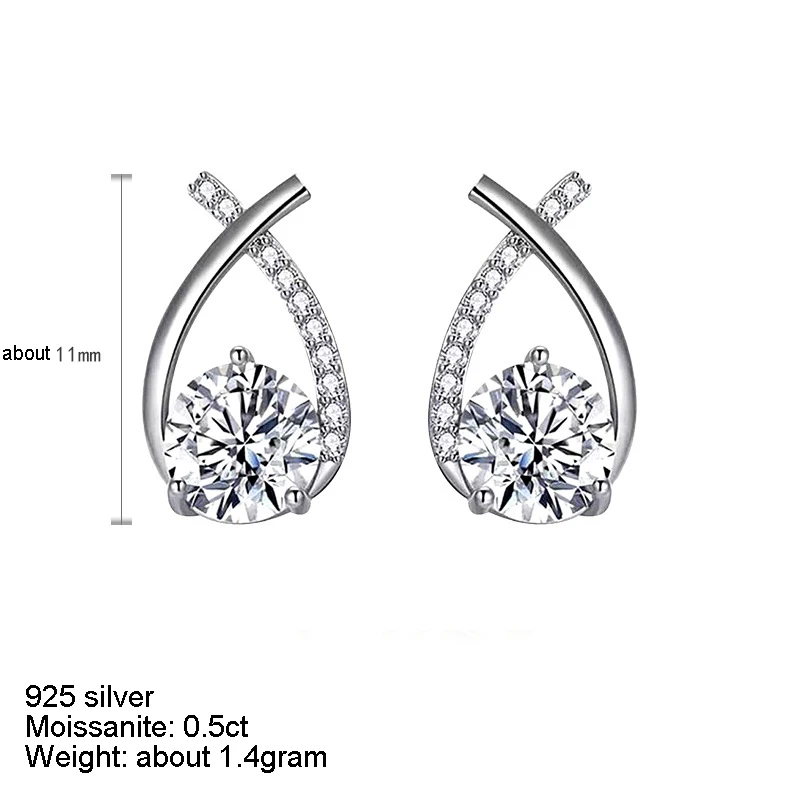 Fashion Light Luxury Moissanite Diamond Stud Earrings 0.5 ct D Color 925 Sterling Silver Fishtail Crosses Earrings for women