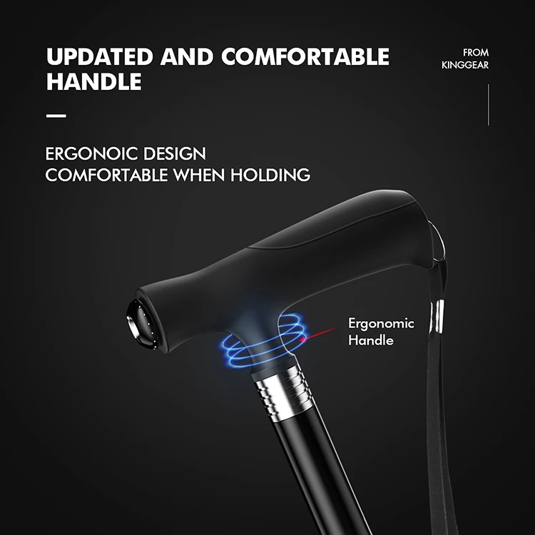 KingGear Custom aluminum nordic Lightweight Led light 3 legs rubber Adjustable Folding Walking Canes Sticks For elder