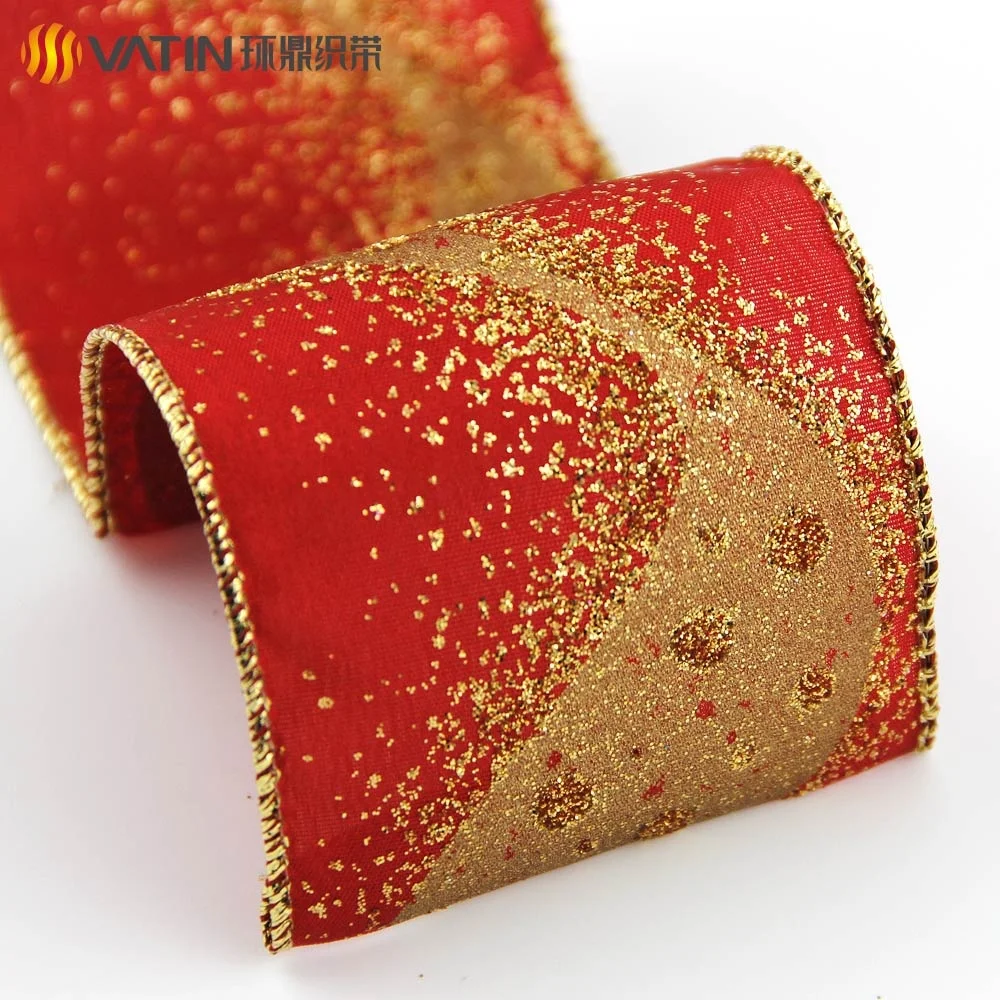 63mm Wide Beautiful Decorative Gift Wrapping Glitter Sequin Christmas Metallic Wired Satin Ribbon