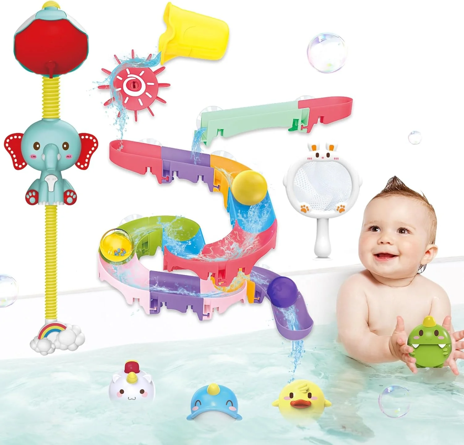 Baby Bath Tub Toys With Slide Track And Elephant Shower Sprays, Fishing Floating Animals Toys, Mold Free Kid Bath Toy for Kids
