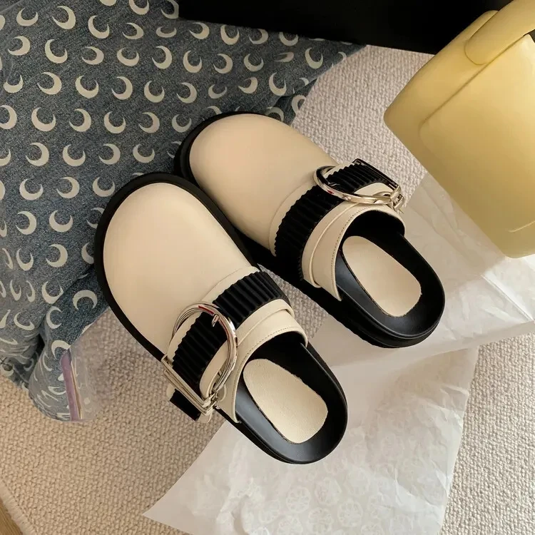 LOGO Custom Wholesale Clog Mule Shoes Custom Logo Genuine Leather 4.5cm Thick Bottom Women Mules Slippers