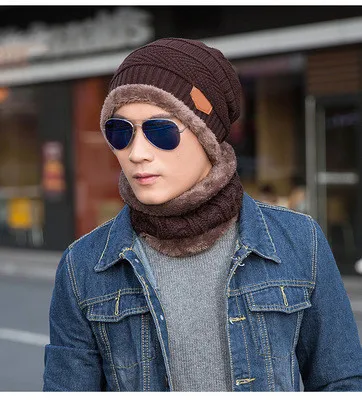 Wholesale Thick Fleece Winter Warm Knitted Hat Beanie Hat Scarf Set for Women and Men