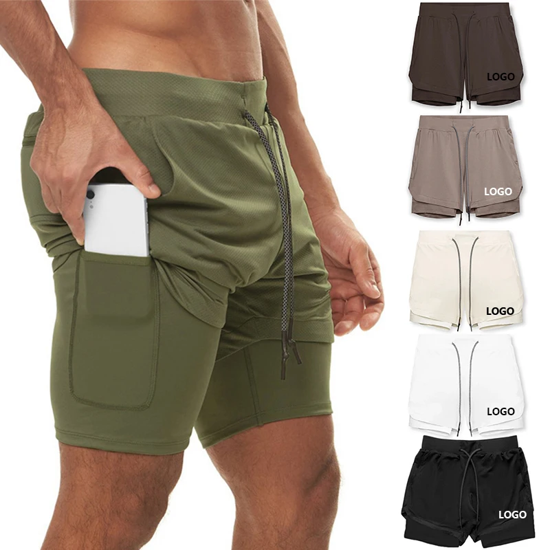 Male Active Wear Fitness Shorts With Zipper Pockets Towel Loop Jogging Gym Training Jogger 2 in 1 for Men
