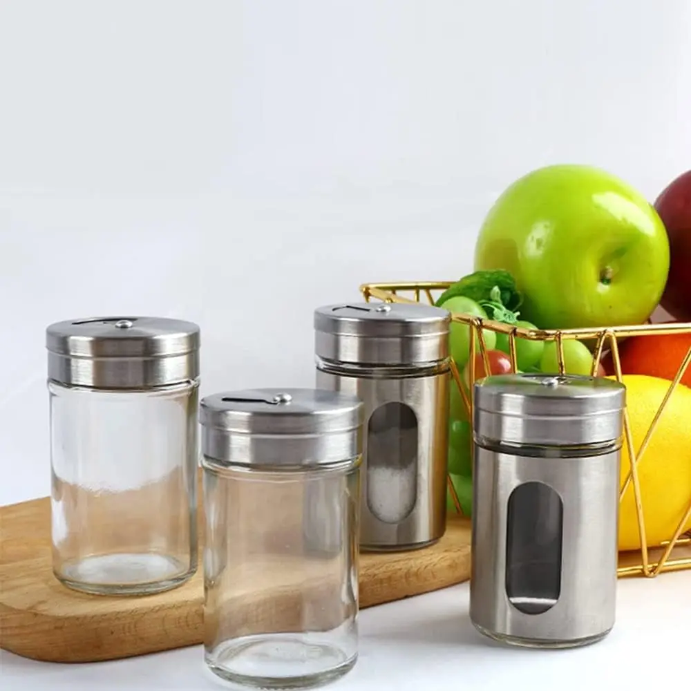 set of 8 Hot Sale Empty Stainless Steel Spice Jar Set Powder Containers Pepper Salt Bottles Set With Lid Glass Jar Spice Rack