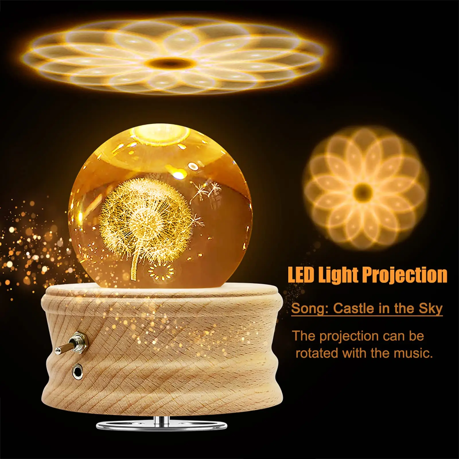 Suitable For Valentine Day And Mother Day Gift 3d Carved Led Light Projection Rotating Wooden Base Dandelion K9 Glass Music Box