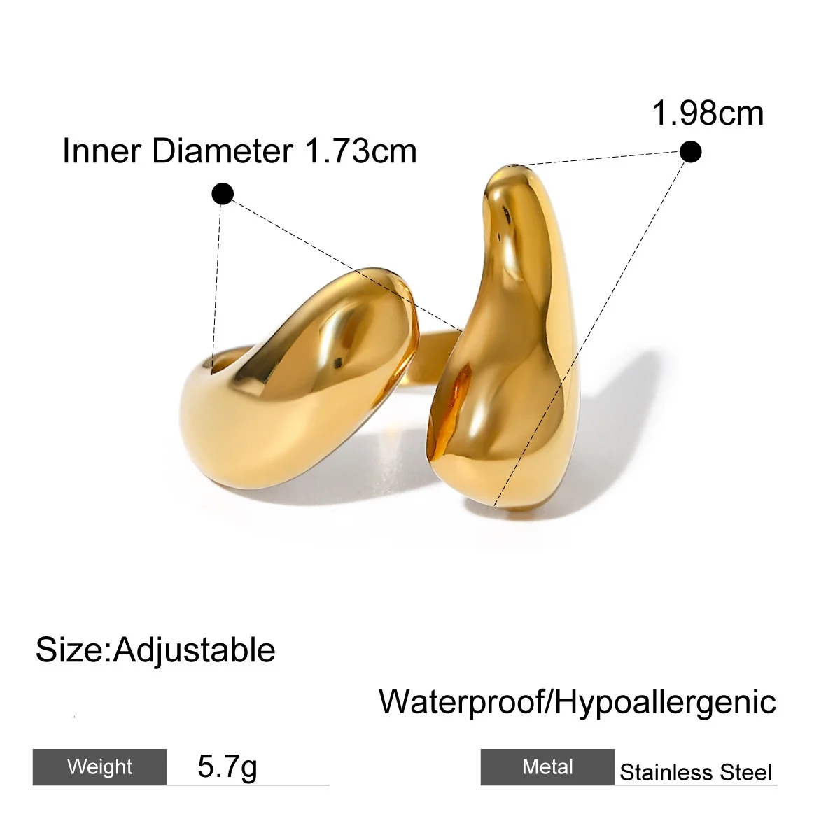 Waterproof Jewelry Chunky Stainless Steel 18K Gold Plated Rings Adjustable Irregular Rings For Women