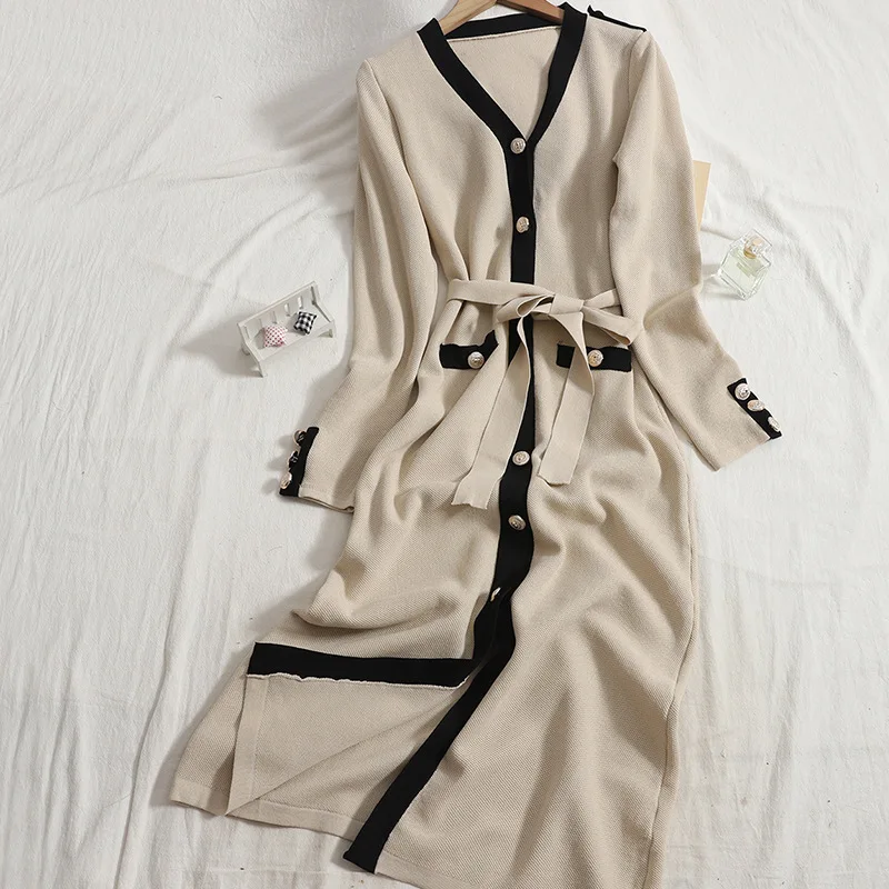 2021 autumn winter soft material knit dress long sleeve V neck belt elegant women knit cardigan