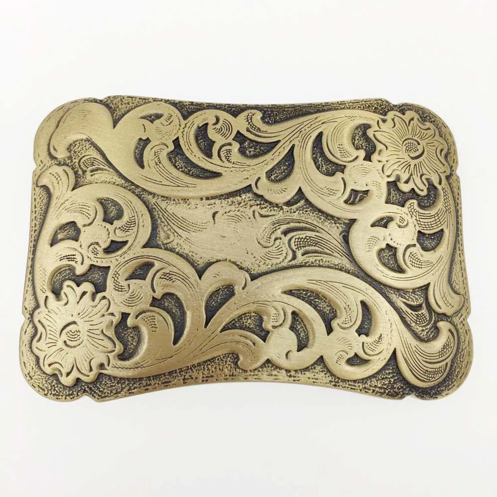 Factory inner width 40mm solid brass customize 3D engrave flower design western name plate belt buckle