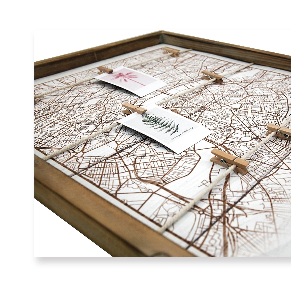 Verified Xingcheng Hot Wholesale Wall Mount Rustic Wood Clip Photo Holder New York Map Collage Frame Wooden Hanging Photo Board