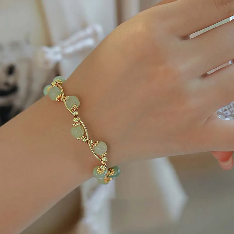 Ancient Green Agate Beads Charm Bracelet Chinese Jade Green Bamboo Pendant Women Woven Hand Jewelry Gold Gifts