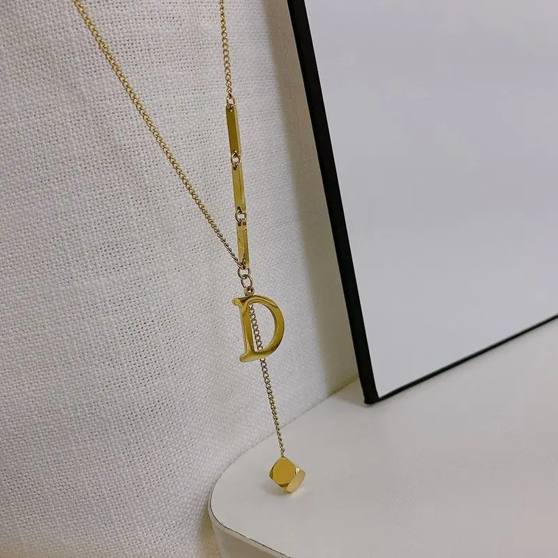 Fashion Simple Style 18K Gold Plated Stainless Steel Jewelry D Letter Pendant Layered Cube Chain Necklace For Women