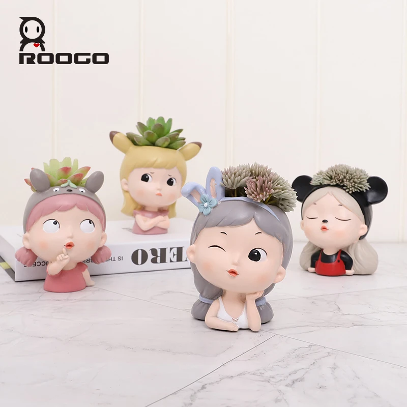 Roogo New Factory Produce Cute Girl Flower Pots Small Size Planter Home and Garden Decoration Resin Bonsai Gives For Children