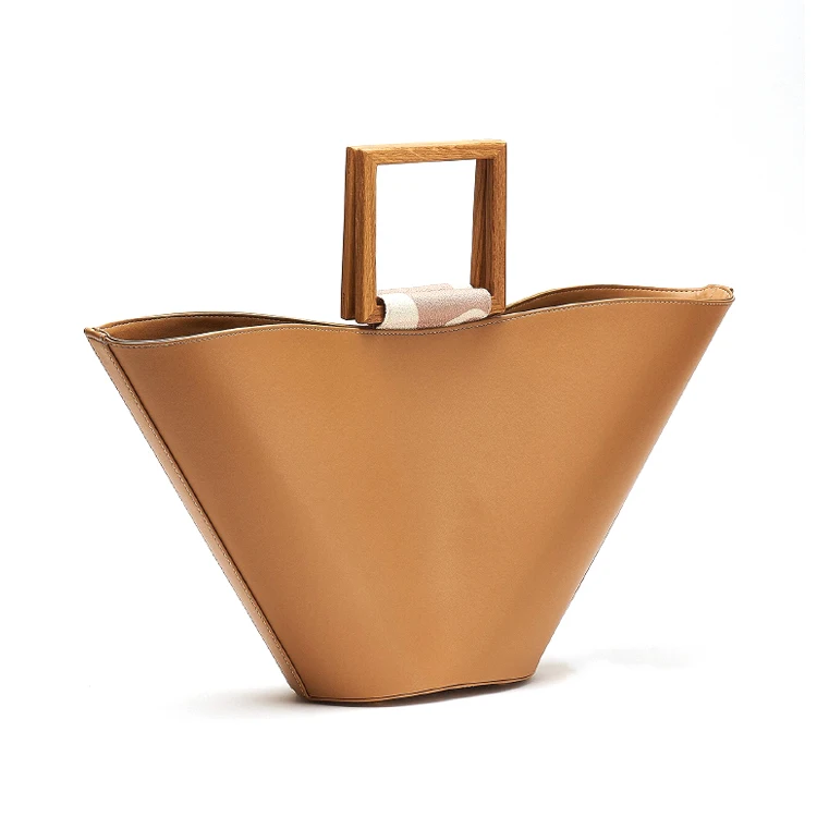 Paparazzi PA0341 Factory Price Large Capacity Wooden Handle Leather Bucket Tote Bag Women Ladies With Small Pouch