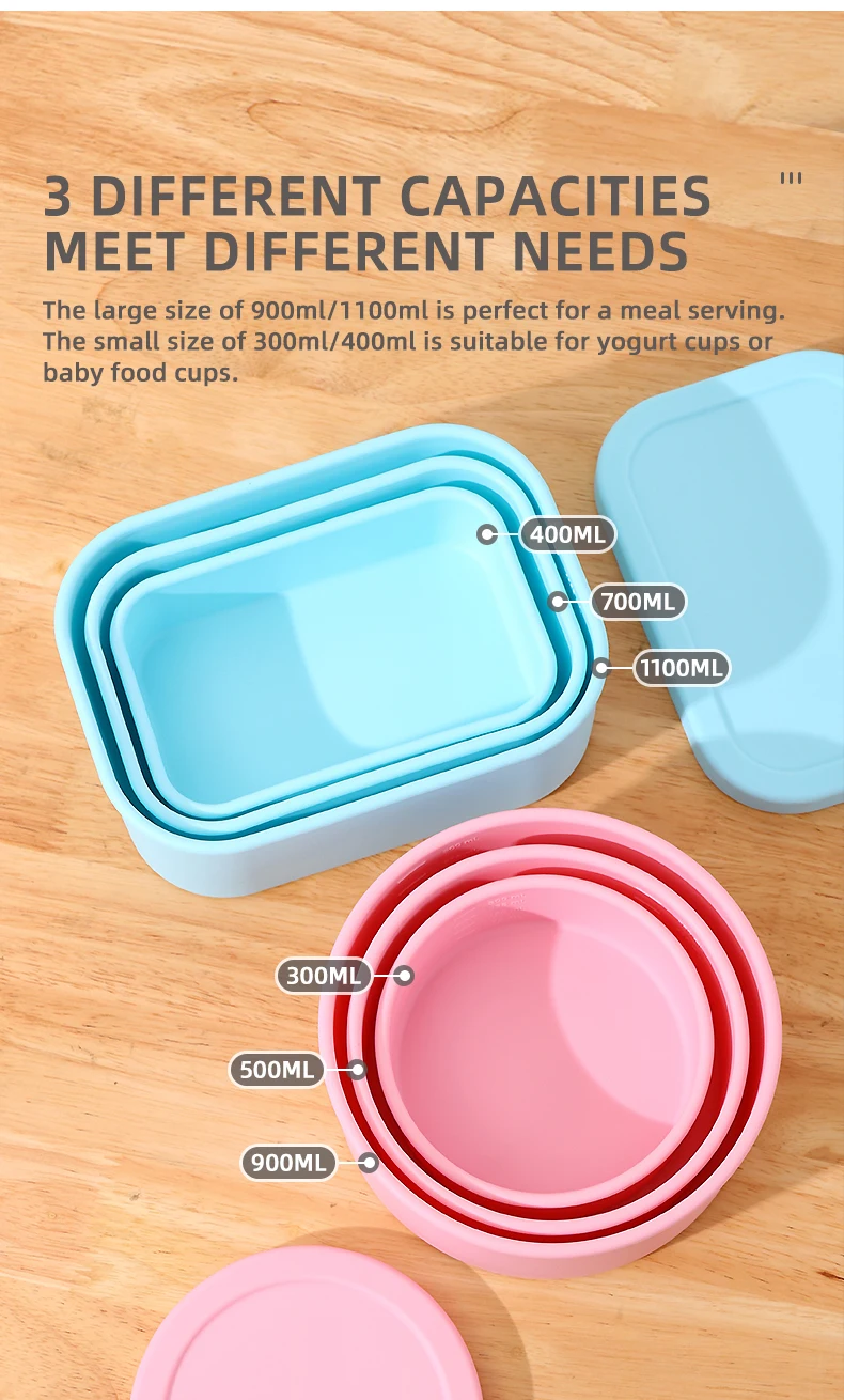 New Design 100% Silicone Rectangle Food Storage & Containers OPP Bag Food Grade Compartment Bento Lunch Boxes for Kids