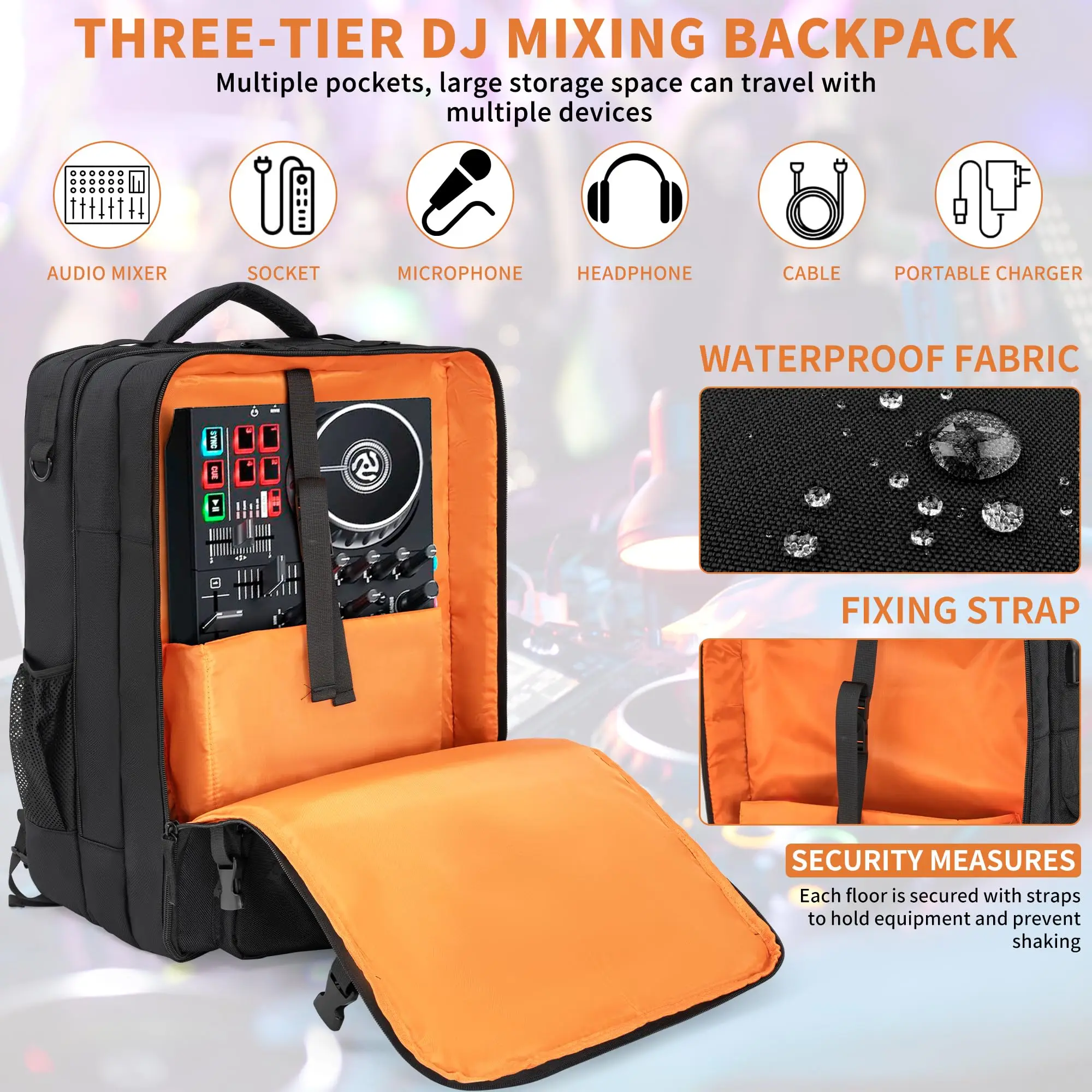 DJ Mixer Travel Backpack With USB Port For DDJ Controller, Multi-Pockets For Equipments,Laptop,Vinyl Records,Cables Accessaries