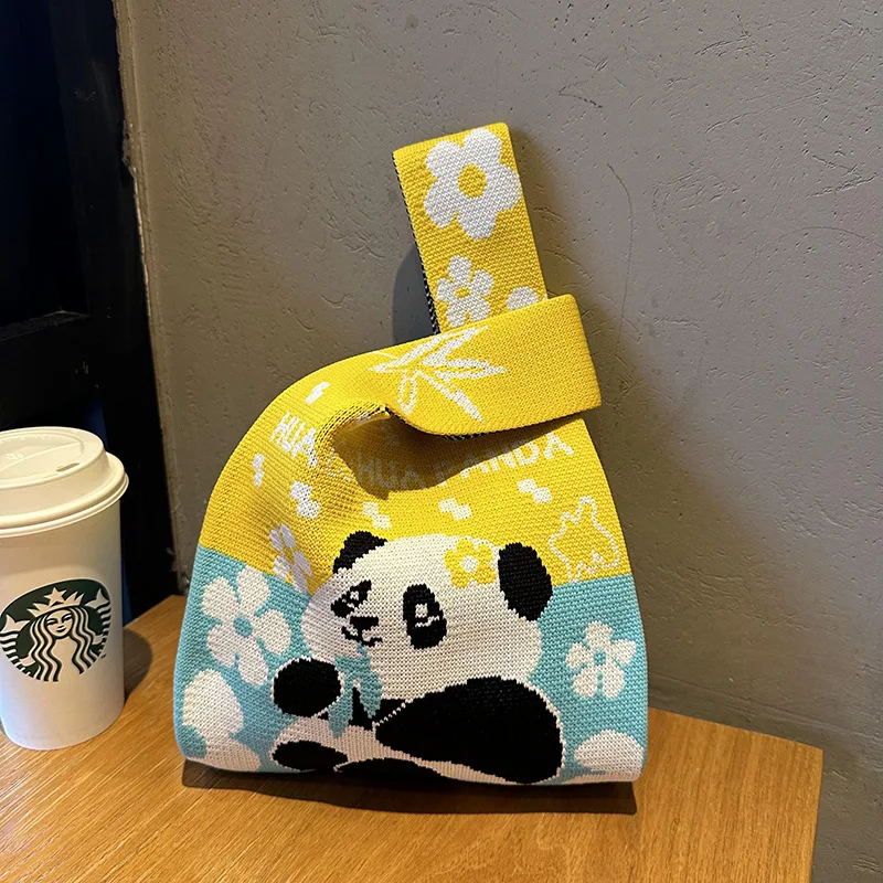 Promotional cheap gift custom small knit bag different cute pattern knitted wrist handbag knit tote woven knot bag