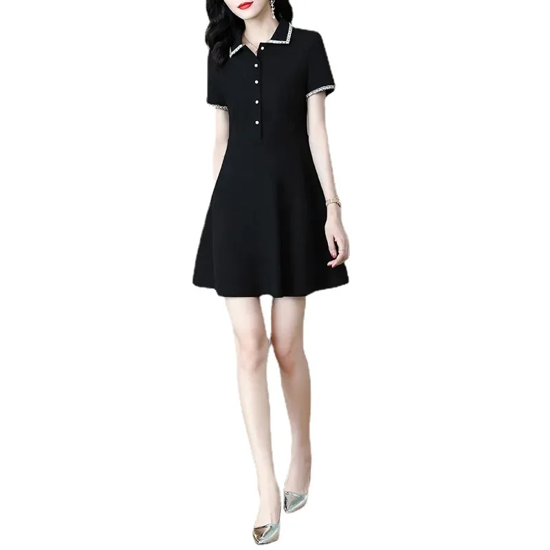 2023 Summer Casual Fashion Diamonds A-line Mini Dress Ladies Polo-neck Short Sleeve Waist Robe Women Black Dress