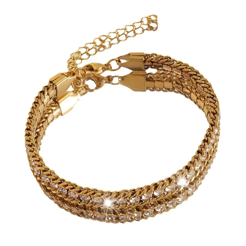 18K Gold Plated Titanium Steel Threelayers Chunky Rhinestone Tennis Bracelets Cuban Link Chain Bracelet For Women