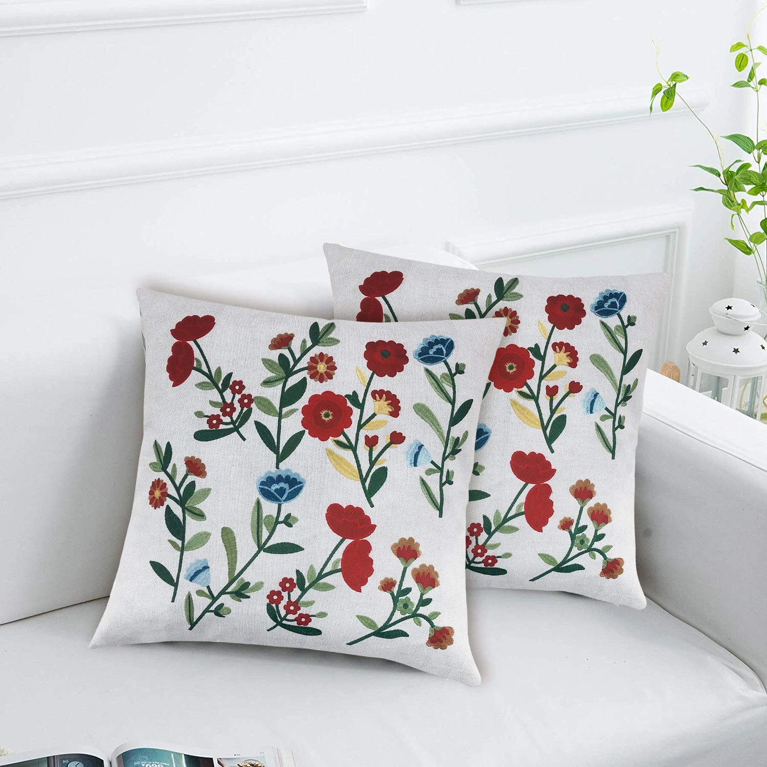 Boho Decorative Throw Pillow Cushion Faux Jacquard Embroidered Floral Pattern Square Pillow for Couch Sofa Bedroom Decor 180gsm