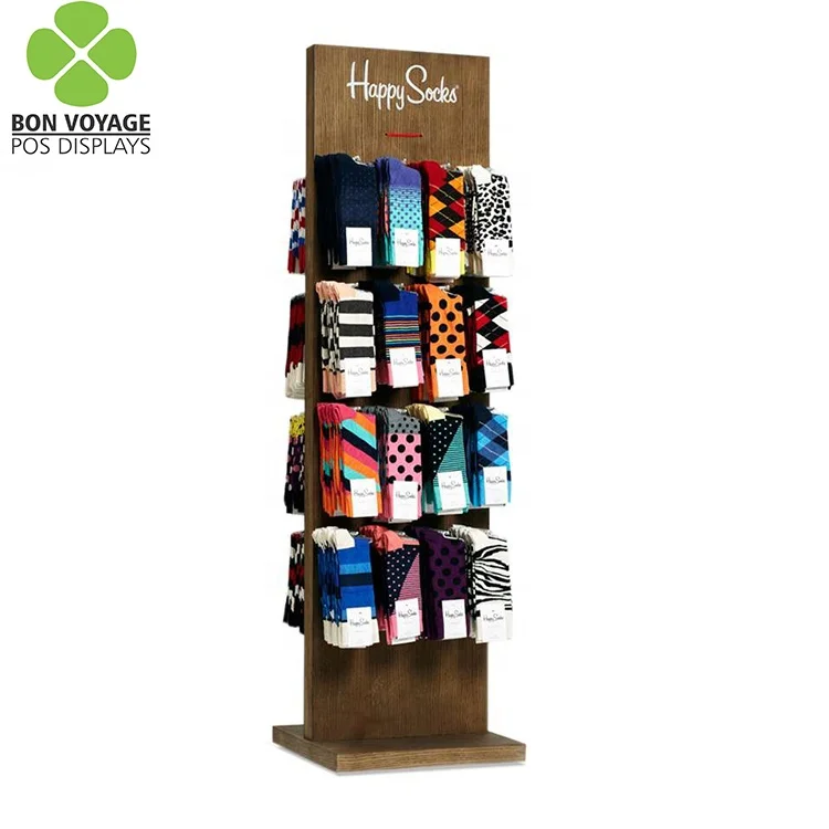 High Quality Double Sided Free Standing Floor Wooden Socks Display Stand Sock Rack