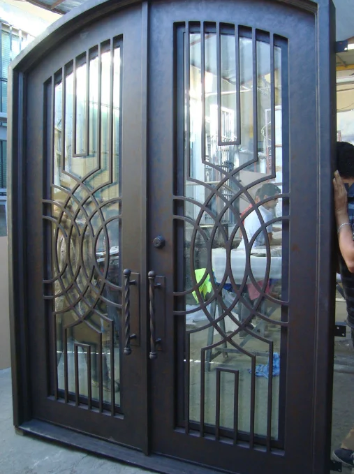 Custom forged special-shaped wrought iron gate with modern hollow pattern process,, can be installed glass