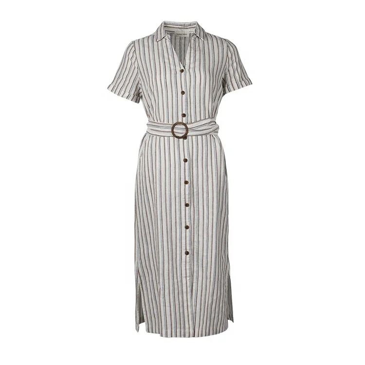 Made in China custom stylish yarn dyed stripe long corset waist clothes shirt dresses women casual with belt