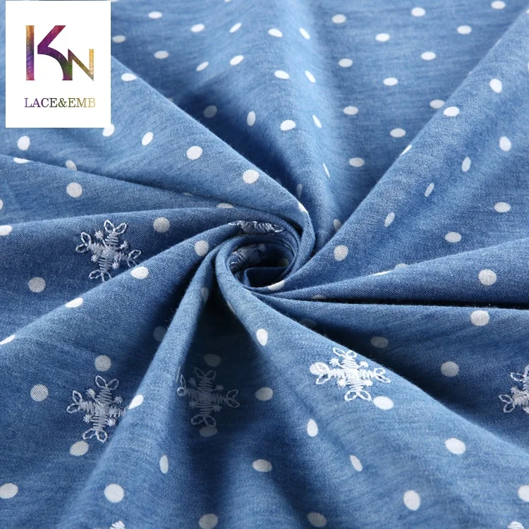
Creative desgin dot circle blue embroidered 100 cotton denim fabric for skirt making 