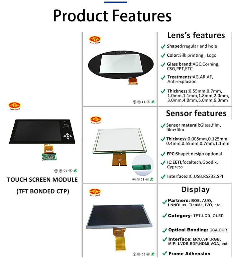 Lens's features Shape: lrregular and holeColor: Silk printing, LogoGlass brand: AGC, Corning, CSG, PPT, ETC Treatments: AG, AR, AF, Anti-explosion Thickness:0.55mm,0.7mm, 1.0mm,1.1mm,1.8mm,2.0mm, 3.0mm,4.0mm,5.0mm,6.0mm Sensor features Sensor materalil: Glass, film, film+film Thickness:0.005mm,0.125mm, 0.4mm,0.55mm,0.7mm,1.1mm FPC: Shapet design optional IC: EETI, focaltech, Goodix, Cypress Interface: lIlC, USB, RS232, SPI Display /Partners: BOE, AUO, LNNOLux, TianMa, IVO, etc. /Category: TFT-LCD, OLED /Optical Bonding: OCA, OCR /Interface: MCU, SPl, RGB, MIPI, LVDS, EDP, HDMI, VGA, ect. /Frame Adhension.png