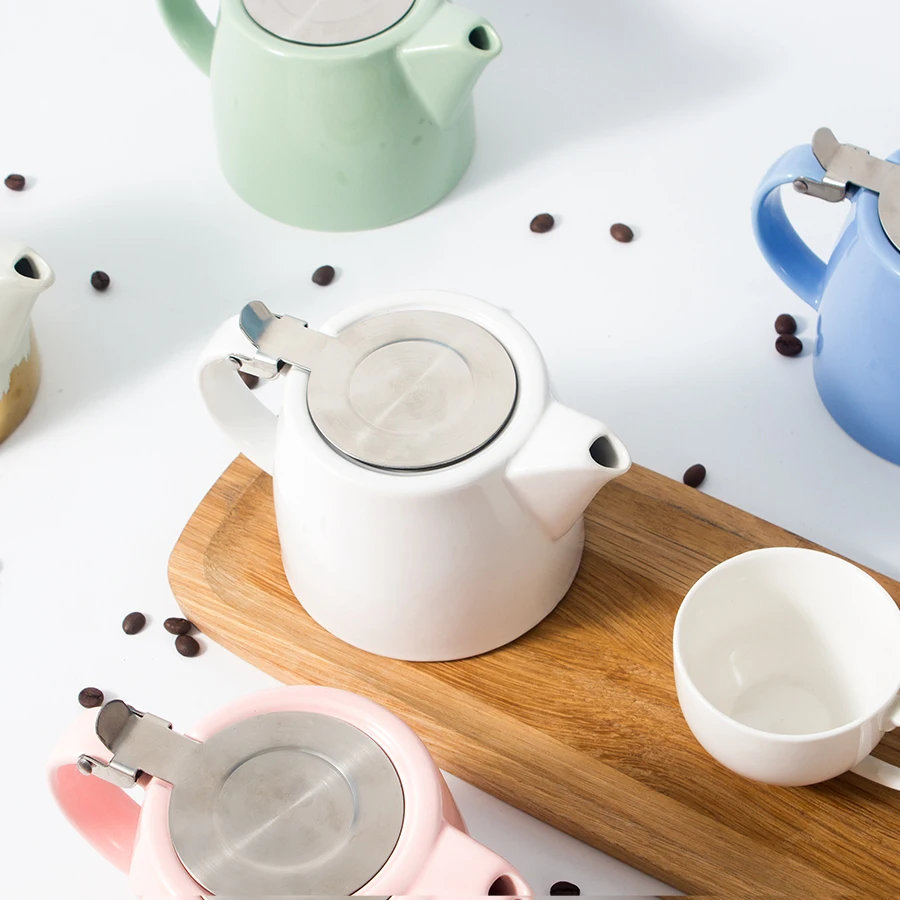 white mini teapot with stainless lid stump shape ceramic tea pot kettle with strainer and infuser