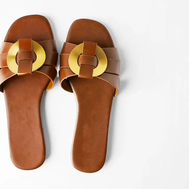 brown leather gold round za slipper chappals for ladies heated slipper