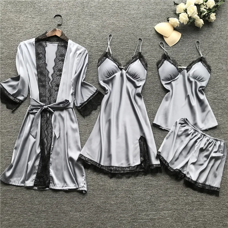 Casual Home Clothes  4 PCS Pajamas Set Women Lace Trim Satin Silk Nightwear Sleepwear