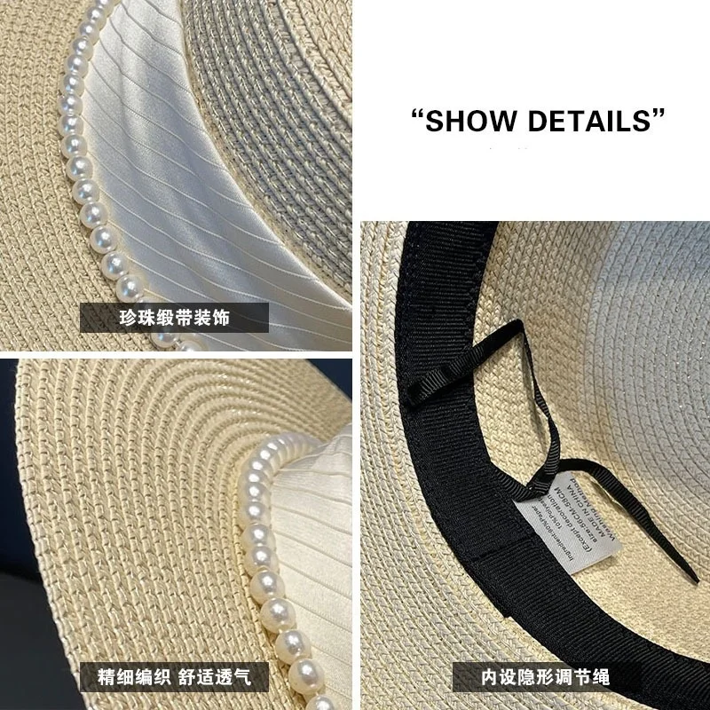 Women Straw Boater Hat with Shiny Pearl Decoration Ribbon Hatband French Elegance Beach Travel Wide Brim Hat square Bolero Cap