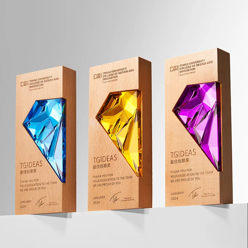 Custom Design Wooden Glass Trophy Personalized Plaque Wooden Rectangle Trophy with Multi Color Diamond Wooden Trophies