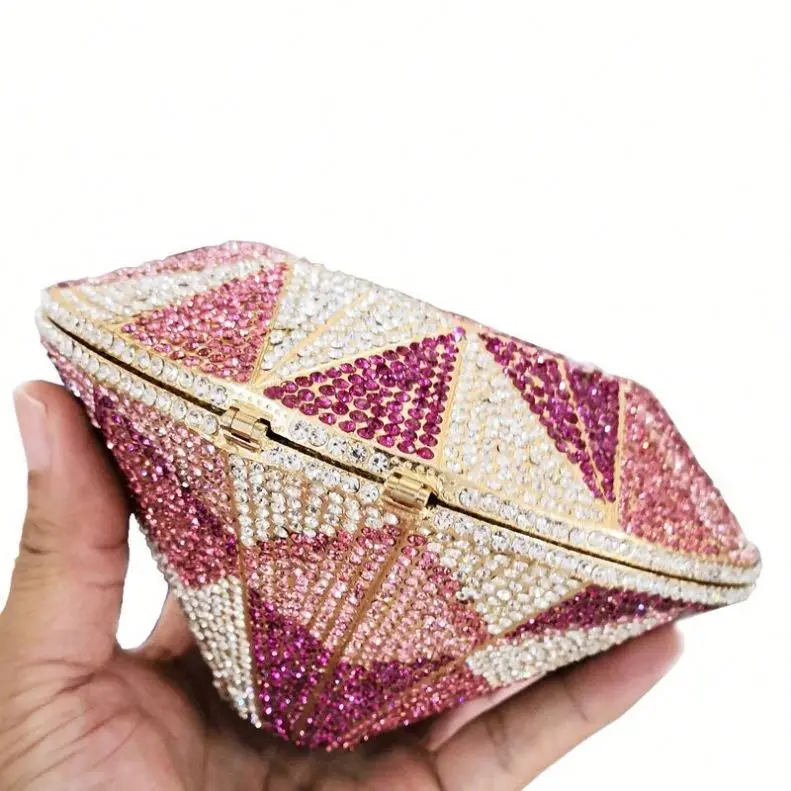 LEB1124 luxury handmade bling rhinestone clutch bags diamond shape women handbags crystal sparkle