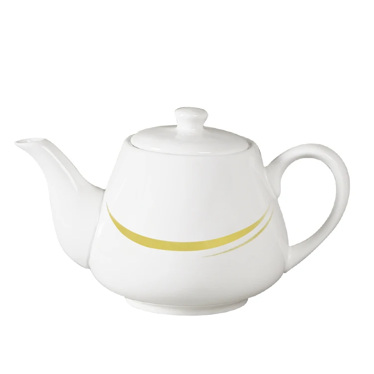 1000ml Porcelain White Ceramic Teapot With Yellow Color Simple Decal Printing Strength Handle Classic Pot Mold