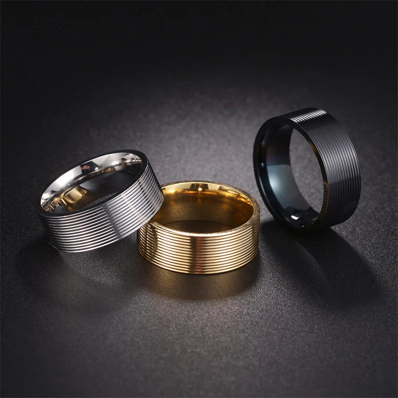 2023 Fashion Hot Sale Threaded 8mm Titanium Steel Ring Vacuum Plated Rings For Men
