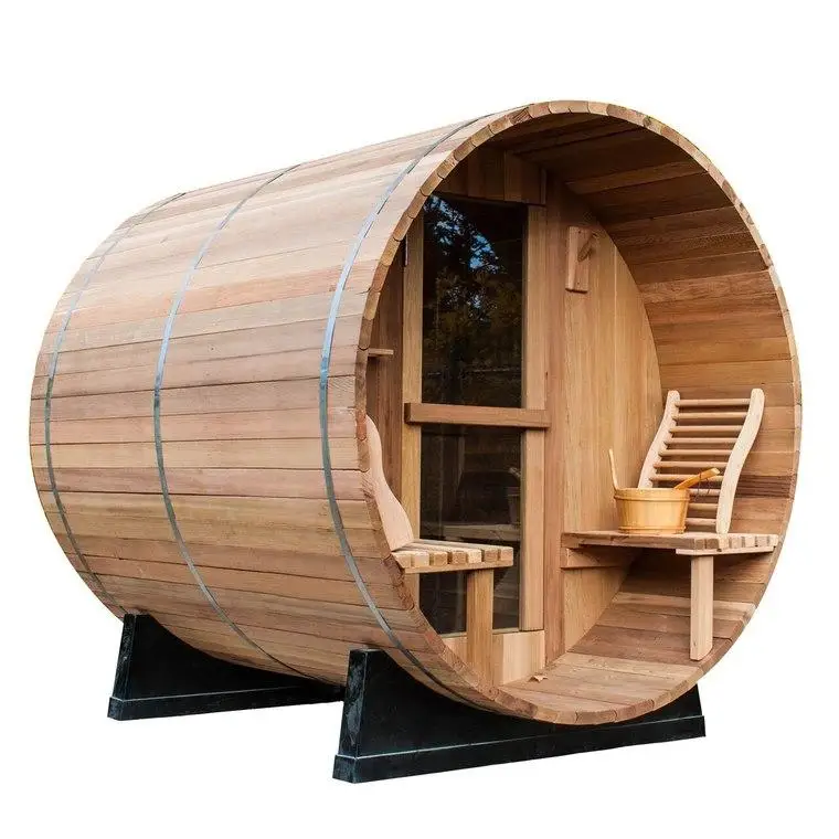 2-4 Person Outdoor Wooden Barrel Sauna Room, Traditional Red Cedar Wood Sauna Cabin, Eco-Friendly