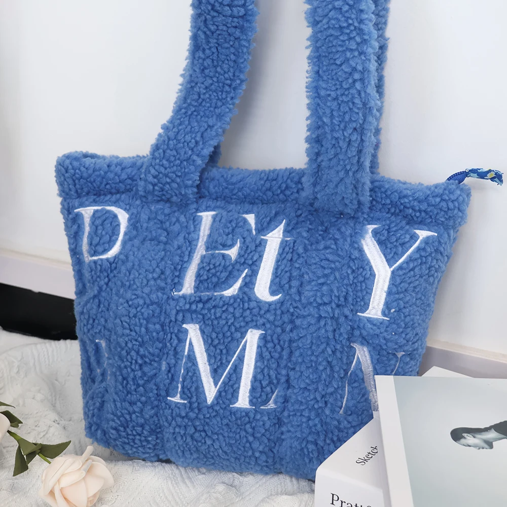 Custom Size Embroidery Logo Women Casual Navy Blue Boucle Teddy Fabric Zipper Underarm Shoulder Bag