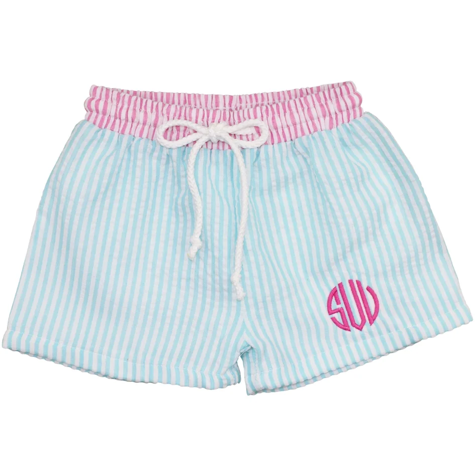 Kids Aqua And Pink Seersucker Two Piece Swimsuit Custom Logo Wholesale Designer Bikini Sets For Girls