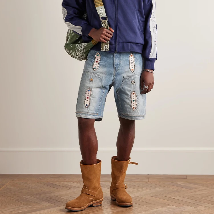 Wholesale Custom double knee jorts baggy Metal Stud Gem Men jeans Shorts Fashion vintage Streetwear denim shorts men